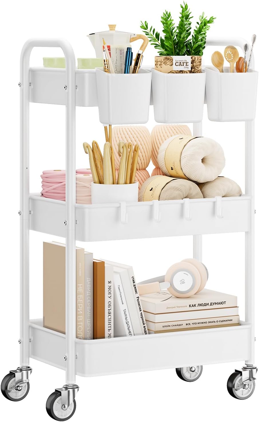 YASONIC 3 Tier Rolling Cart - Metal Utility Cart with Wheels, Hanging Cups, Hooks, Heavy Duty Mesh Rolling Storage Cart Organizer, Craft Cart for Kitchen Office, Lightweight and Sturdy