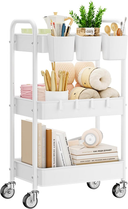 YASONIC 3 Tier Rolling Cart - Metal Utility Cart with Wheels, Hanging Cups, Hooks, Heavy Duty Mesh Rolling Storage Cart Organizer, Craft Cart for Kitchen Office, Lightweight and Sturdy