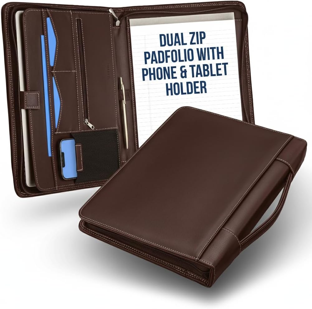 STYLIO Zipper Padfolio Portfolio Binder Organizer | Faux Leather Portfolio for Resume, Documents, Phone, Tablet, Business Supplies and Cards | Notebook Organizer with Letter Sized Notepad Included