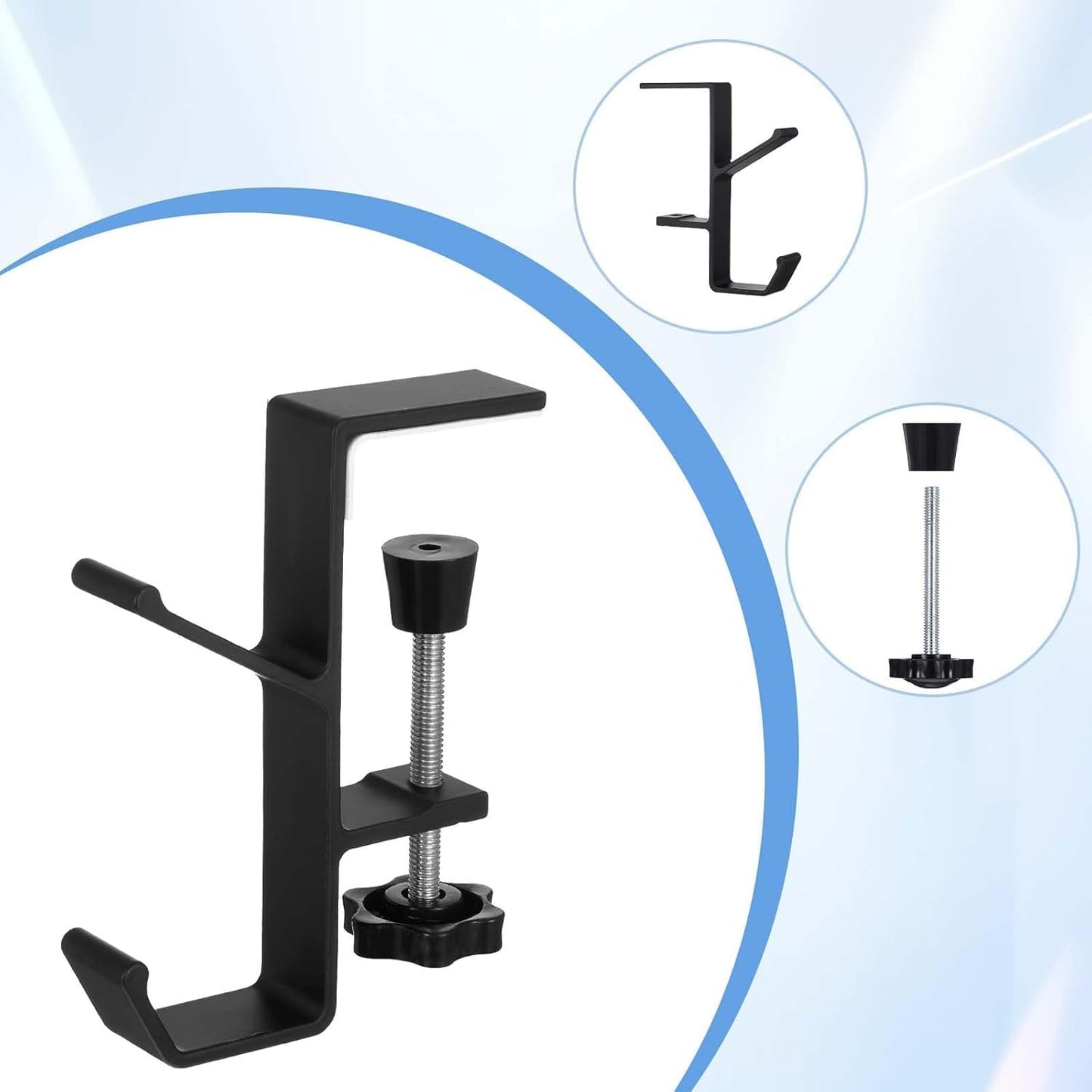 2Pcs Clamp-On Under Desk Headphone Holder Backpack Hook Students' Desk Hook with Adjustable Arm Clamp Women's Bag Handbag and Purse Holder - Suitable for Plate Between 1-5cm / 0.4-1.96” - Black