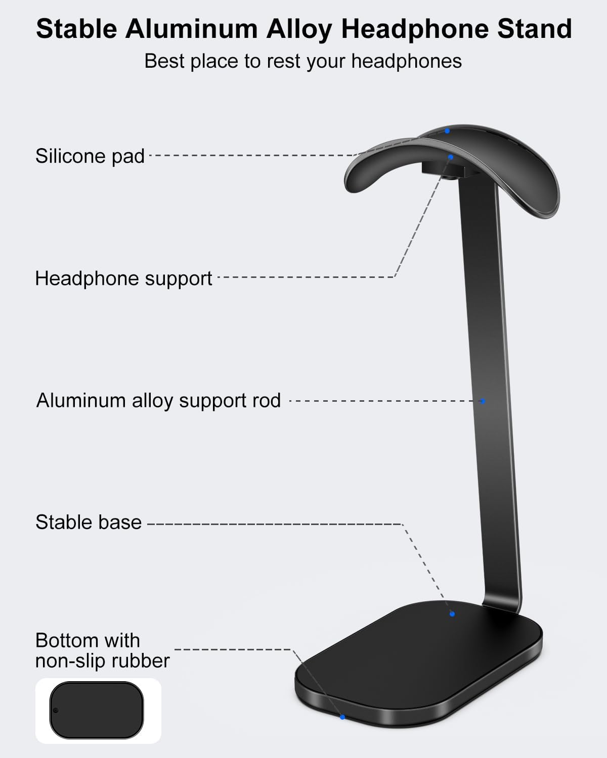 VICHYIE Headphone Stand for AirPods Max, Headset Holder with Aluminum Supporting Rod, Heavy Base Desk Stand Headphones Support Accessory for All Headphones - Silver White