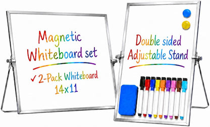 2-Pack Magnetic Dry Erase Whiteboard, Vertical and Horizontal - 14x11 Inch Double-Sided Desktop White Board with Stand Portable Small Whiteboard for Office, Home, Drawing & Notes