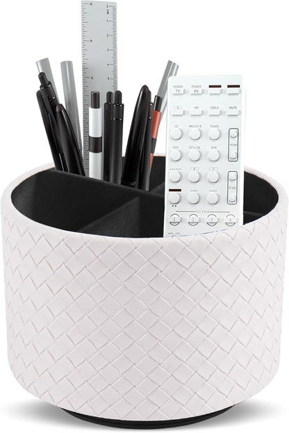 Round Leather Art Supply Organizer,Remote Control Holder,360 Degree Rotating,Multi-Functional Pencil Holder,4 Compartments Desktop Stationary Organizer(1-Fractal Flower) | Round - Colors B