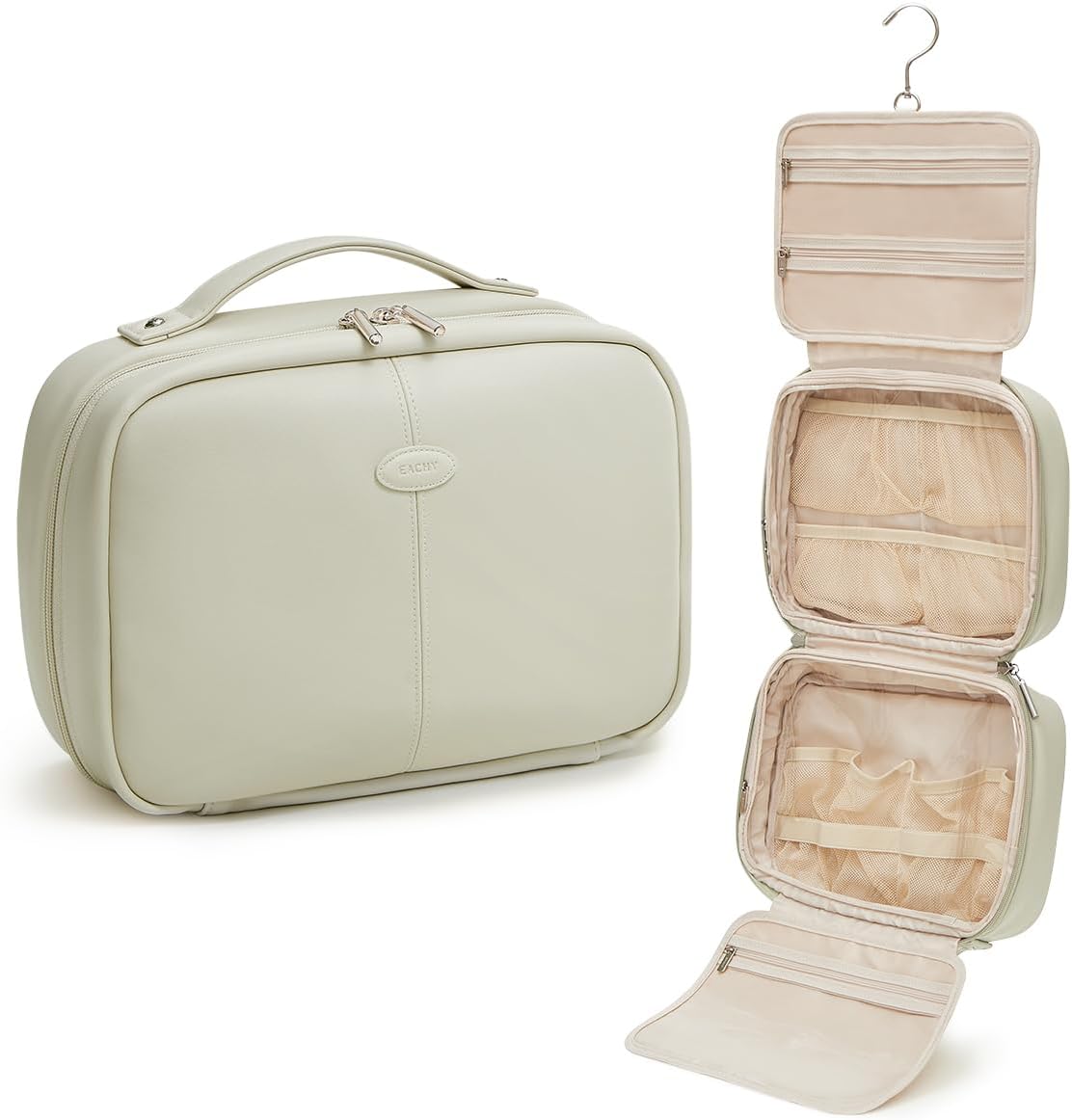 EACHY Toiletry Bag with Hanging Hook, Travel Makeup Bag PU Leather Cosmetic Bags for Women Make Up Organizer with 4 Compartments Waterproof Full-Size Portable Travel Essentials (Beige)