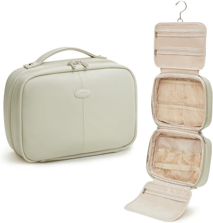 EACHY Toiletry Bag with Hanging Hook, Travel Makeup Bag PU Leather Cosmetic Bags for Women Make Up Organizer with 4 Compartments Waterproof Full-Size Portable Travel Essentials (Beige)