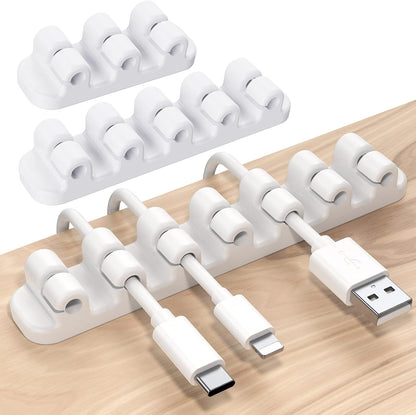 SOULWIT Upgraded Cable Holder, Cable Management Cord Organizer Clips Silicone Self Adhesive for Desktop USB Charging Cable Power Cord Bedside Wire PC Office Home (3/5/7 slot,White)