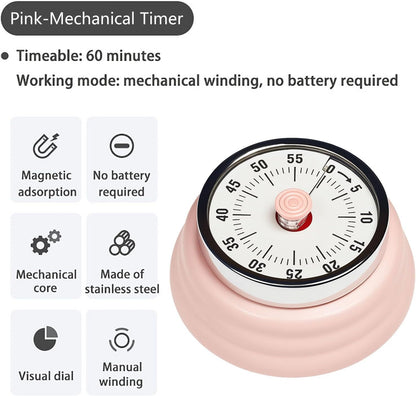 Elegant Stainless Steel Vintage Kitchen Timer with Magnetic Attachment - 60-Minute Countdown & Audible Alarm, Perfect for Cooking, Office Tasks, and Study Sessions (01-red)
