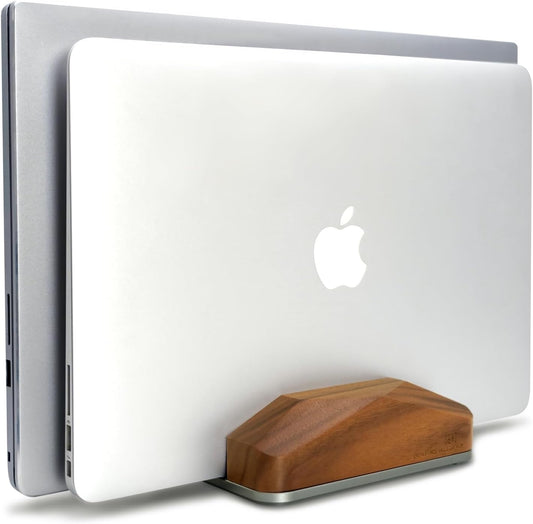 GEVO Dual Laptop Holder Vertical Laptop Stand, Natural Wood, Adjustable Dock, Wooden Laptop Stand, Vertical Laptop Holder for Desk, Widen Dock Fits All MacBook/Surface Pro 2 Devices (Black Walnut)