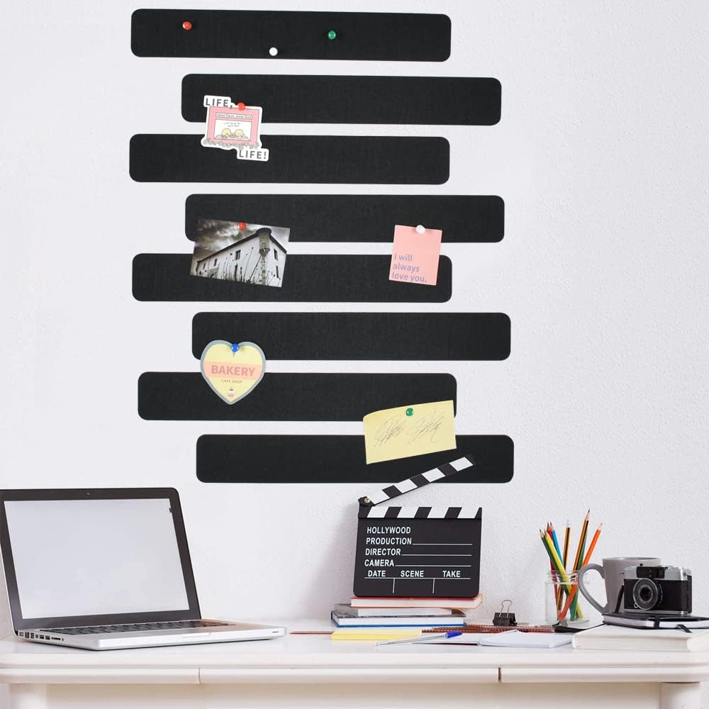 Vuzvuv 8 pcs Bulletin Board Bar Strips with 50 Pushpins & 10 Wooden Clip pins，Self Adhesive Cork Board for Wall，Felt Pin Board for School，Office Decor（Black White Grey）