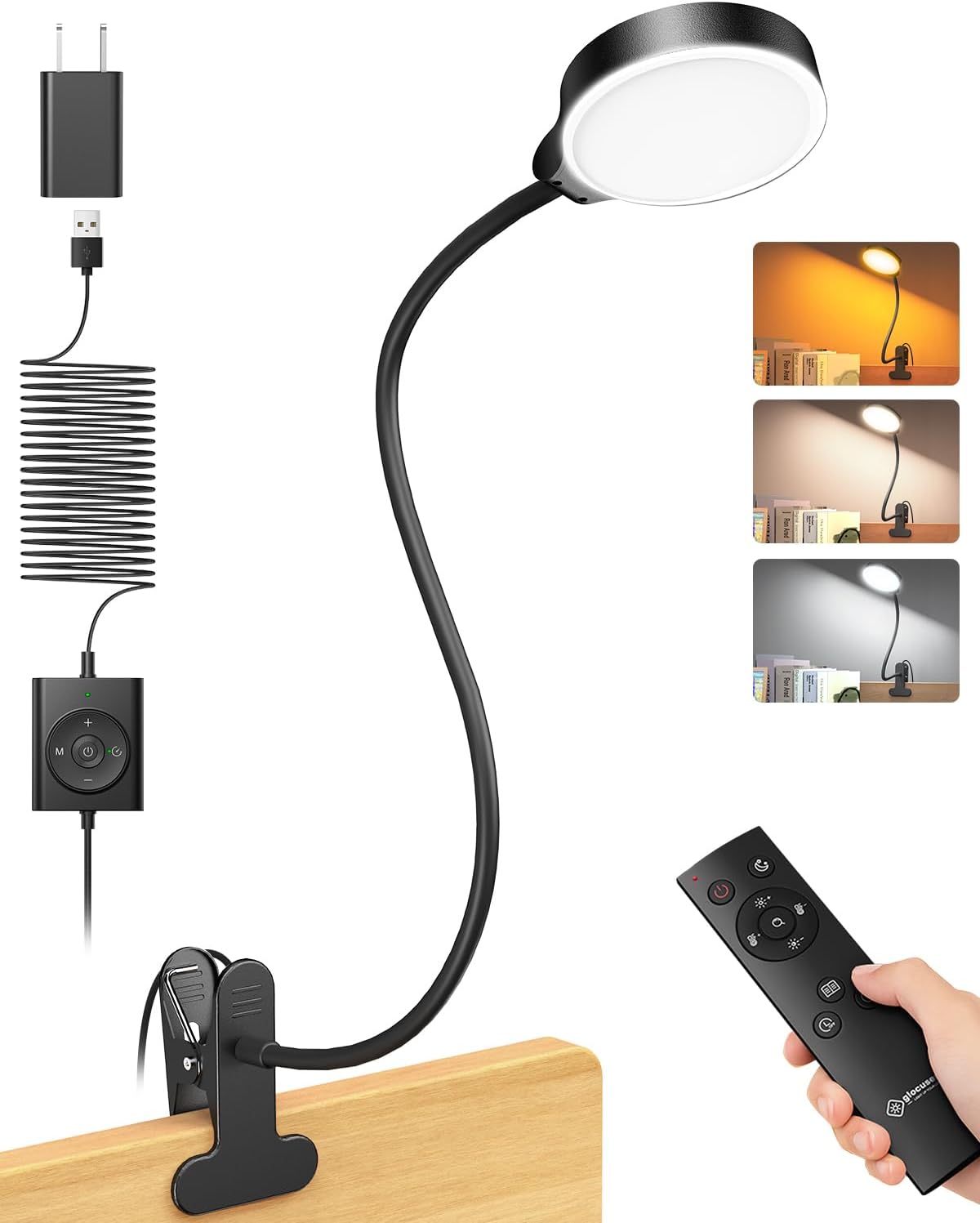 Glocusent 5W Clip on Light, 36LED Eye Caring Reading Light for Bed, 3 Colors & 5 Brightness Clip on Lamp with Adapter, Perfect Reading Light for Bed with Clamp/Bunk Bed/Headboard/Table/Desk