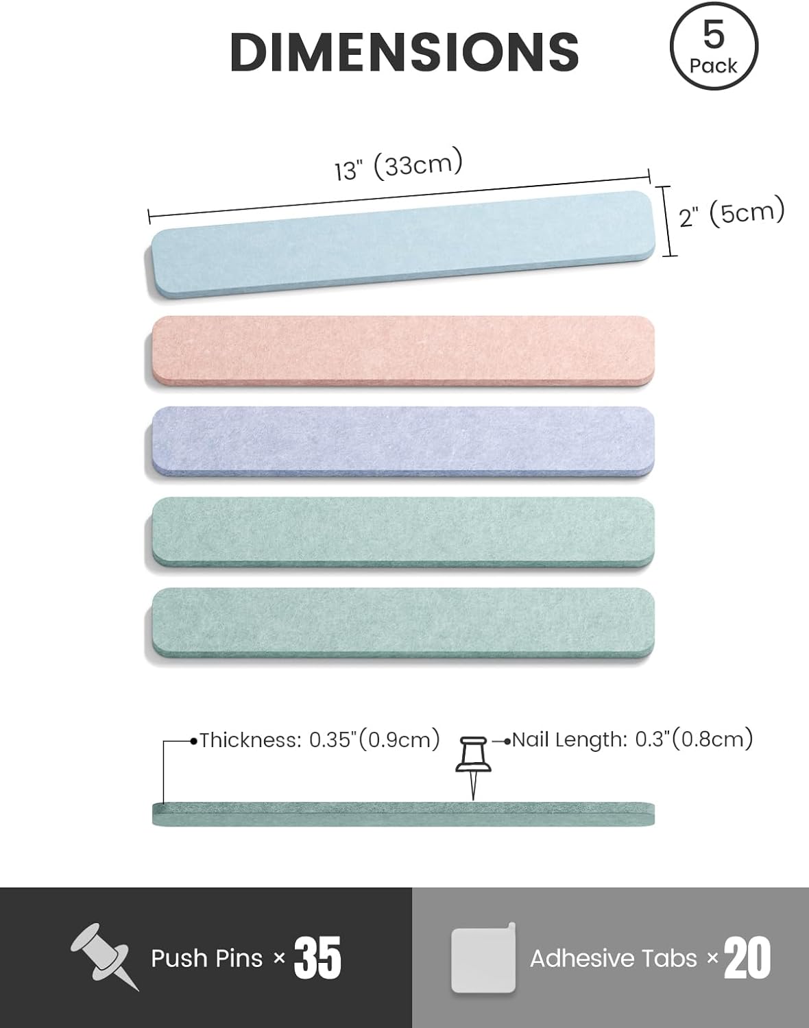 Fluxynara Cork Board Alternative Felt Strip Board 8-Pack 13"x2", Office Pin Board with 50 Push Pins, Adhesive Install for Bedroom Door & Home Office(Linen Dusk)