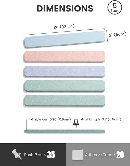 Fluxynara Cork Board Alternative Felt Strip Board 8-Pack 13"x2", Office Pin Board with 50 Push Pins, Adhesive Install for Bedroom Door & Home Office(Linen Dusk)