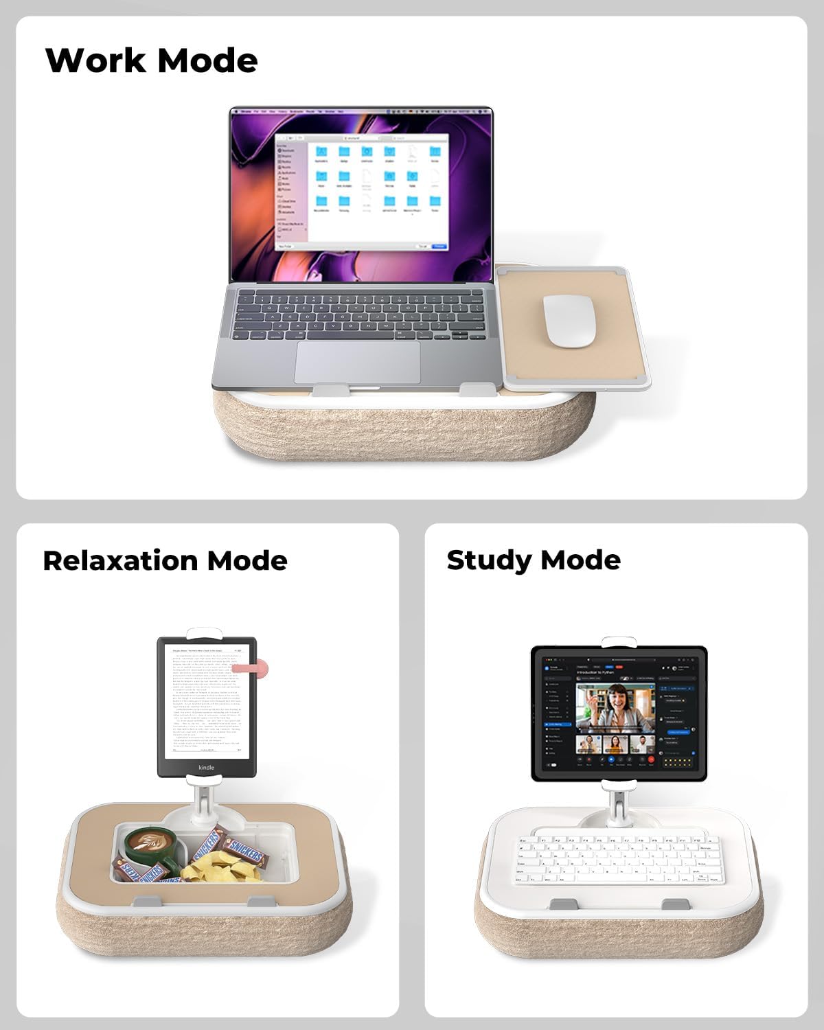 SupeDesk Laptop Lap Desk, Adjustable iPad Holder for Bed, 360° Swivel Tablet Arm, Laptop Desk with Mouse Pad, Snack Bowl & Cup Holder, Fits 4.7–13” Tablets & 15” Laptop
