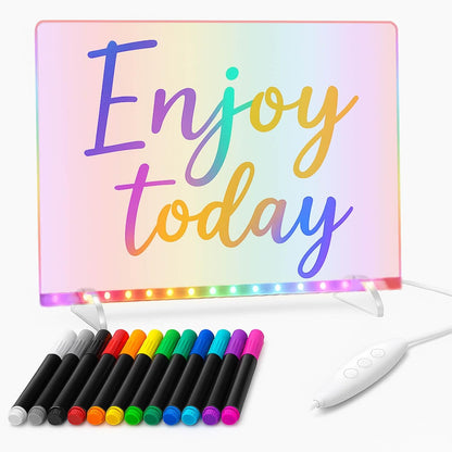 RGB LED Drawing Board with 12 Markers & 7 Lighting Modes for Kids Writing Note Message Tracing, Estranst 13.8”X10” Acrylic Dry Erase Pad