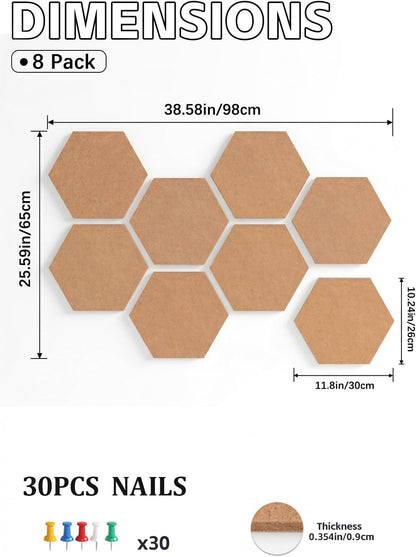 8 Pack Hexagon Felt Bulletin Board Tiles - 12" Large Thick Pin Board for Walls with 30 Push Pins, DIY Boards for Office Home School Decor, Aesthetic Hex Cork Board Alternative