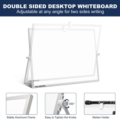 TSJ OFFICE Small White Board - 12 X 16 Inches Small Magnetic Dry Erase Board with Hooks for Wall, Desktop Whiteboard Stand 360 Degrees Revolving Double Sided for Office, Home, School, Silver