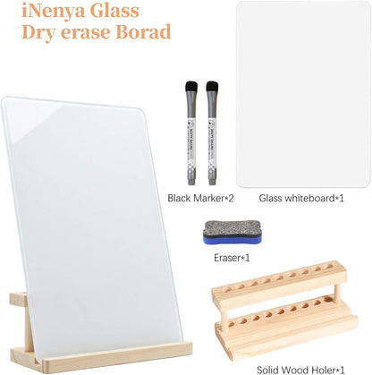 Glass White Board with Stand,Magnetic Mini Dry Erase Board for Desk,Small Desktop Whiteboard with Solid Wood Bracket