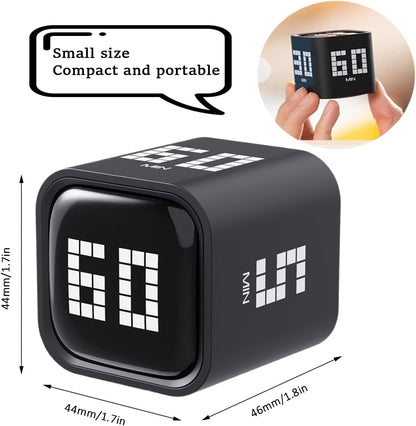 Rotating Digital Cube Timer with Gravity Sensor, 5/10/30/60 Min Preset & Custom Up to 99 Min, USB-C Rechargeable Stopwatch, Vibration Volume Mute Alert for Pomodoro Focus Study Kitchen (Black)