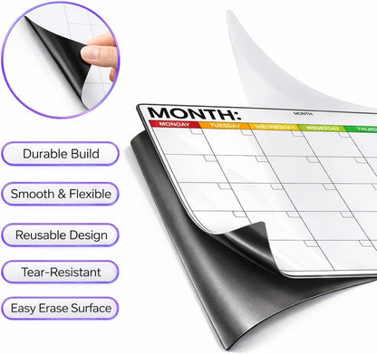 Magnetic Whiteboard for Fridge - Large Dry Erase Calendar for Wall | 2 Magnetic Dry Erase Board 10.5" x 16.5" & 7" x 16.5", Monthly Goal Setting & Habit Tracker, 5 Markers and 6 Adhesive Hooks
