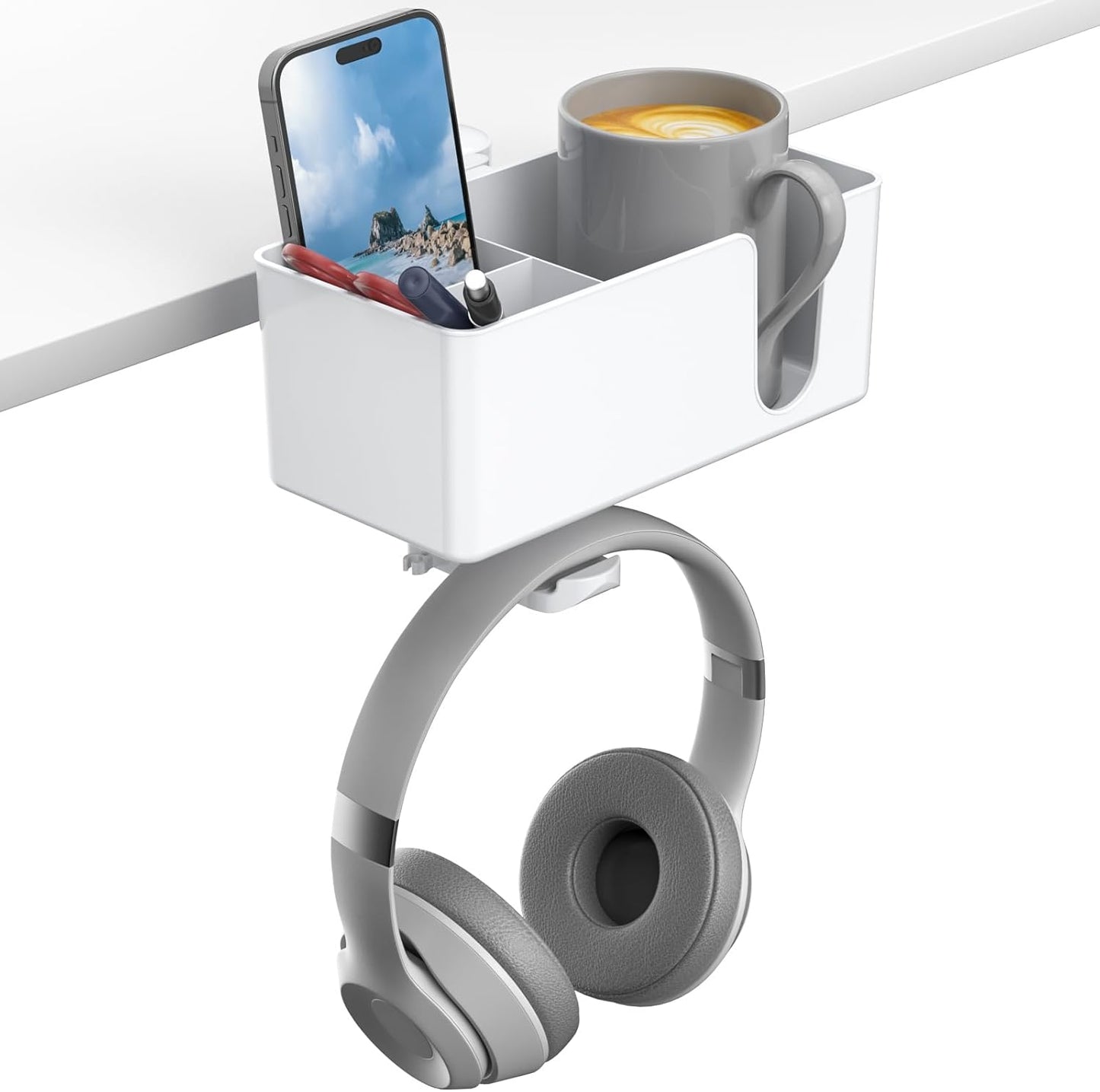 KDD 4 in 1 Desk Cup Holder - Clamp on Under Desk Headphone Hanger - Rotating Headphone Holder Detachable Pen Cup Holder Desktop Storage for Cup, Phone and Pen(Black)