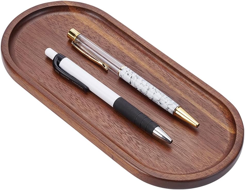 PLIGREAT Oval Wooden Pen Tray, Minimalist Brown Writing Instrument Rest Tea Coffee Table Tray for Office Desk Organizer Kitchen Tableware