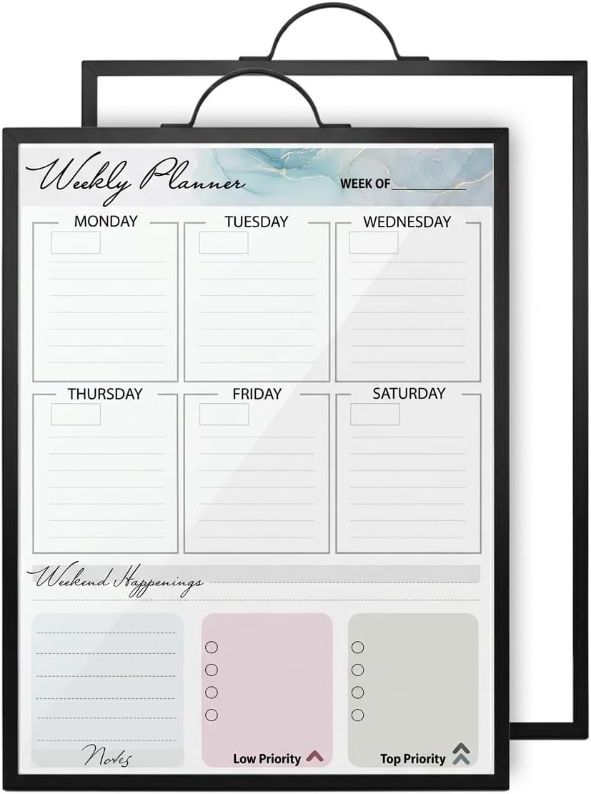 Black Magnetic Dry Erase Whiteboard 12 x 16 Double Sided, Portable Planner Board with Weekly Monthly Sheets, Write and Wipe to Do List Board, Includes 3 Markers Eraser 2 Magnets