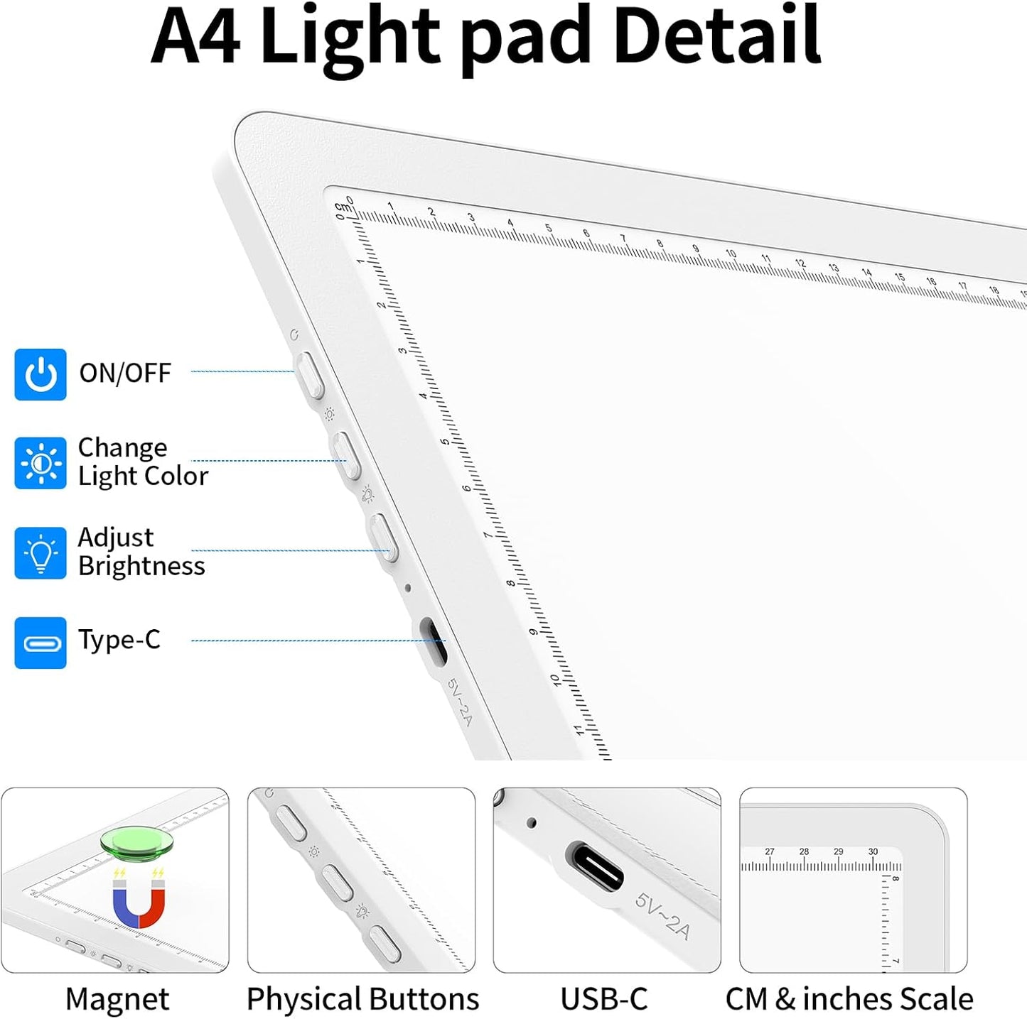 TOHETO A4 Light Board for Diamond Painting, Super Bright Magnetic Light Pad with Side Buttons, Lightbox for Tracing and Drawing, Corded Light Table for Sketching, Animation, Weeding Vinyl (Black)