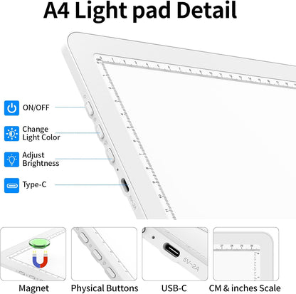 TOHETO A4 Light Board for Diamond Painting, Super Bright Magnetic Light Pad with Side Buttons, Lightbox for Tracing and Drawing, Corded Light Table for Sketching, Animation, Weeding Vinyl (Black)