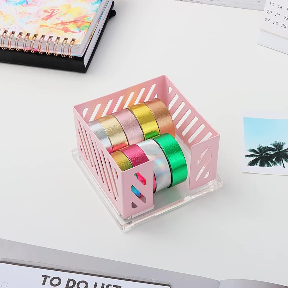 Sticky Note Holder Memo Pad Cube Dispenser 3.5 x 3.5Inch Notepad Holder Acrylic Base Purple Metal Mesh Desk Organizer for Home Office Supplies (Purple Memo Pad Holder)