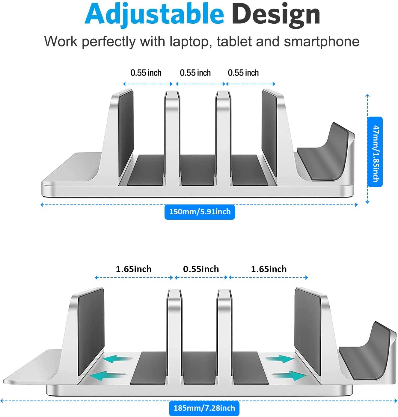 Vertical Laptop Stand for Desk [Updated Version],3-Slot Space-Saving Aluminum Desktop Stand Holder with Adjustable Dock Size Compatible for All MacBook/HP/Dell/Surface/Samsung/Chrome Book(Silver)