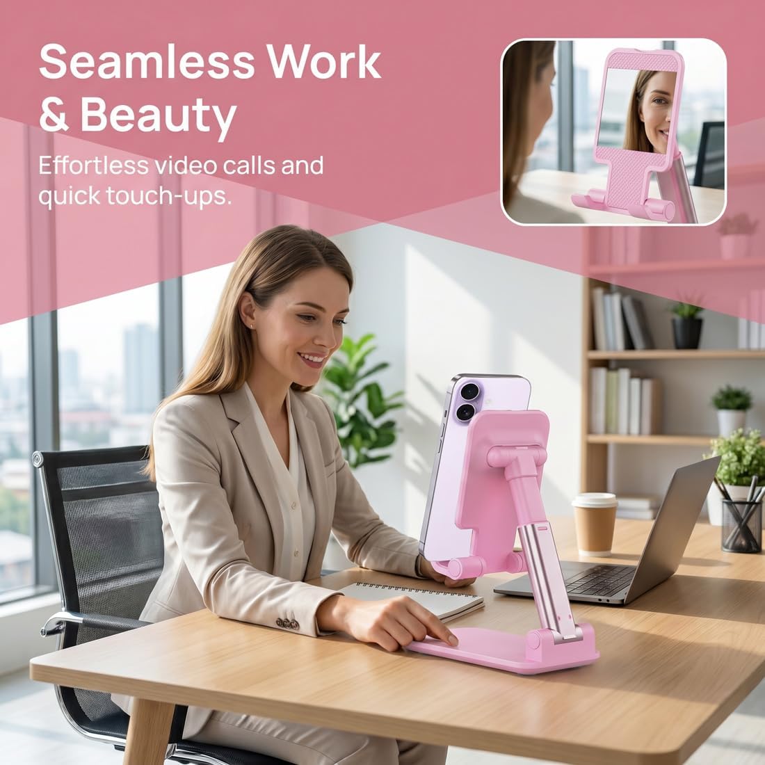 Phone Stand, PhoneHolder for Desk Anti-Slip Cute OfficeAccessories Forldable Cell PhoneHolder Compatible with iPhones, AllMobile Phones, White-Silver, Pro