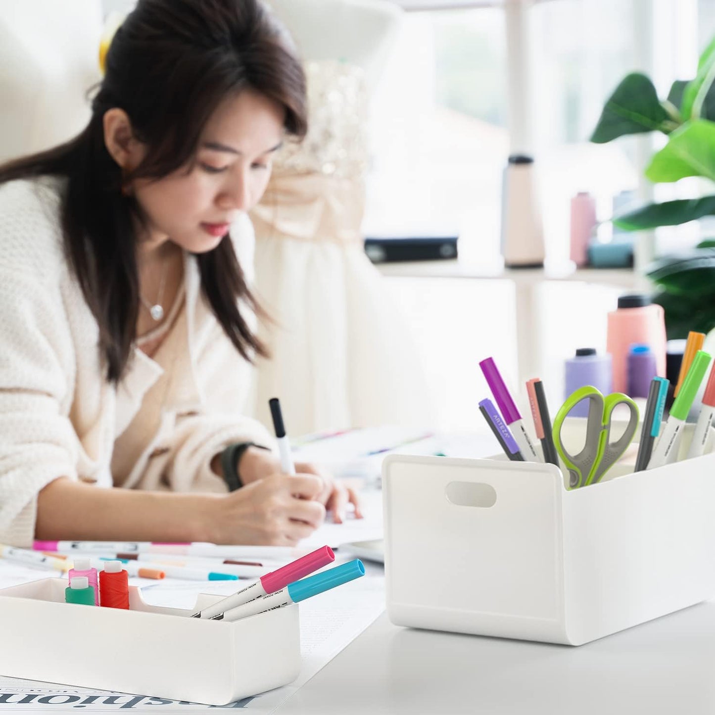 ARTEZA Desktop Pen and Marker Organizer, 6-Compartment White Pen Holder for Desk with Stationery Drawer, Makeup Organizer