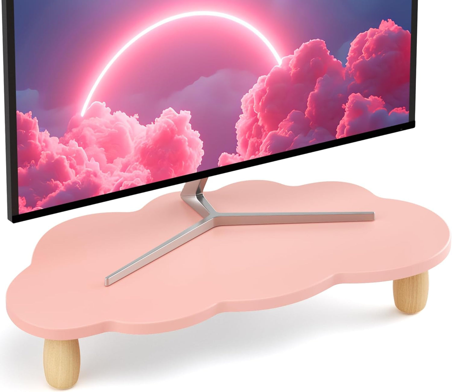AFOOYO Monitor Stand Riser,Cloud-Shaped Sturdy Wood 16.5In Computer Monitor Riser Wirh Drawer, Multi-Purpose Desktop Organizer Riser for Computer,Laptop,Printer,TV,White