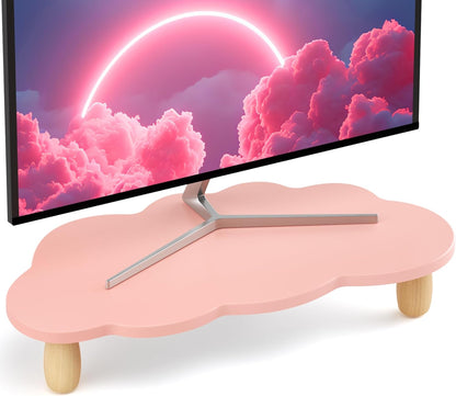 AFOOYO Monitor Stand Riser,Cloud-Shaped Sturdy Wood 16.5In Computer Monitor Riser Wirh Drawer, Multi-Purpose Desktop Organizer Riser for Computer,Laptop,Printer,TV,White