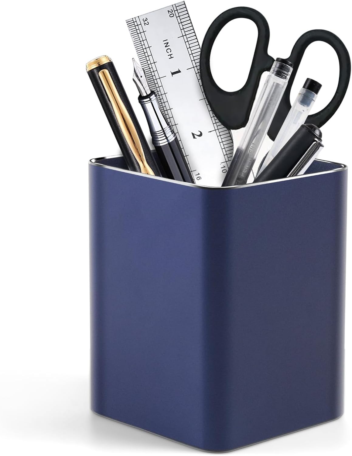 RQB Metal Pen Holder for Desk Square Aluminum Desktop Organizer and Makeup Brush Holder Storage Box for Office, School, Home, and Kids, Non-slip silicone 4×3.15inch-Gray