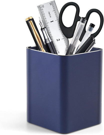 RQB Metal Pen Holder for Desk Square Aluminum Desktop Organizer and Makeup Brush Holder Storage Box for Office, School, Home, and Kids, Non-slip silicone 4×3.15inch-Gray