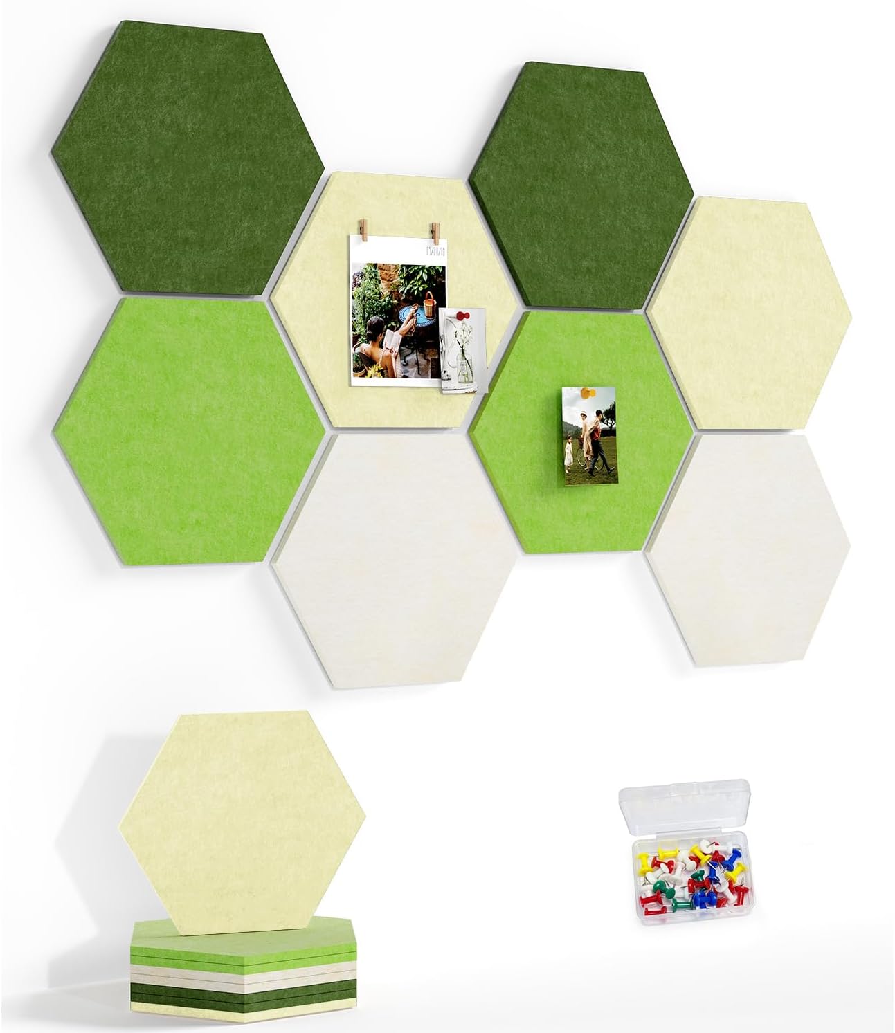 8 Pack Hexagon Felt Bulletin Board Tiles - 12" Large Thick Pin Board for Walls with 30 Push Pins, DIY Boards for Office Home School Decor, Aesthetic Hex Cork Board Alternative