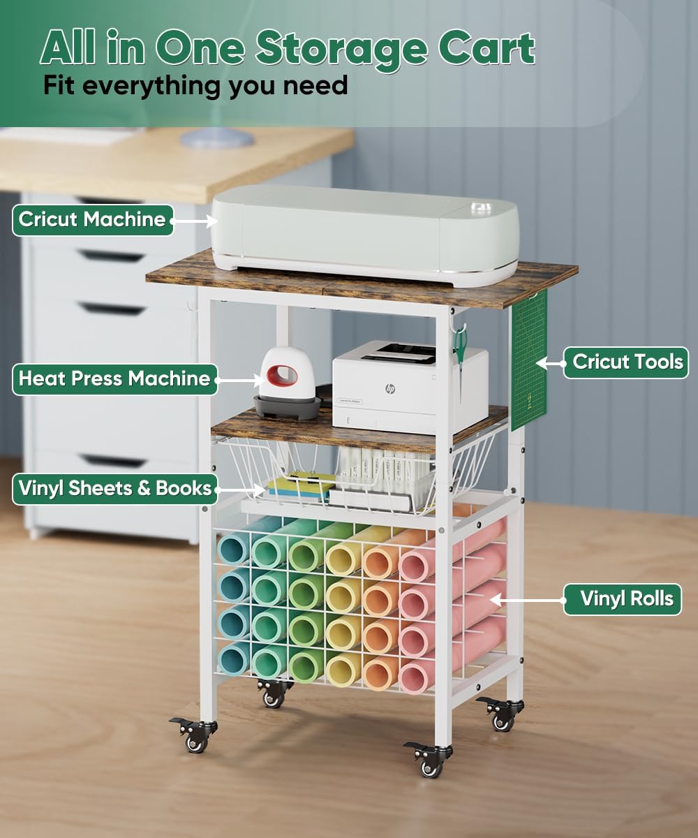 Queension Craft Cart with Wheels for Cricut Machines, Craft Organization and Storage Stand with Basket, Cutting Machine Stand for Cricut Accessories, Vinyl Roll Organizer, Black
