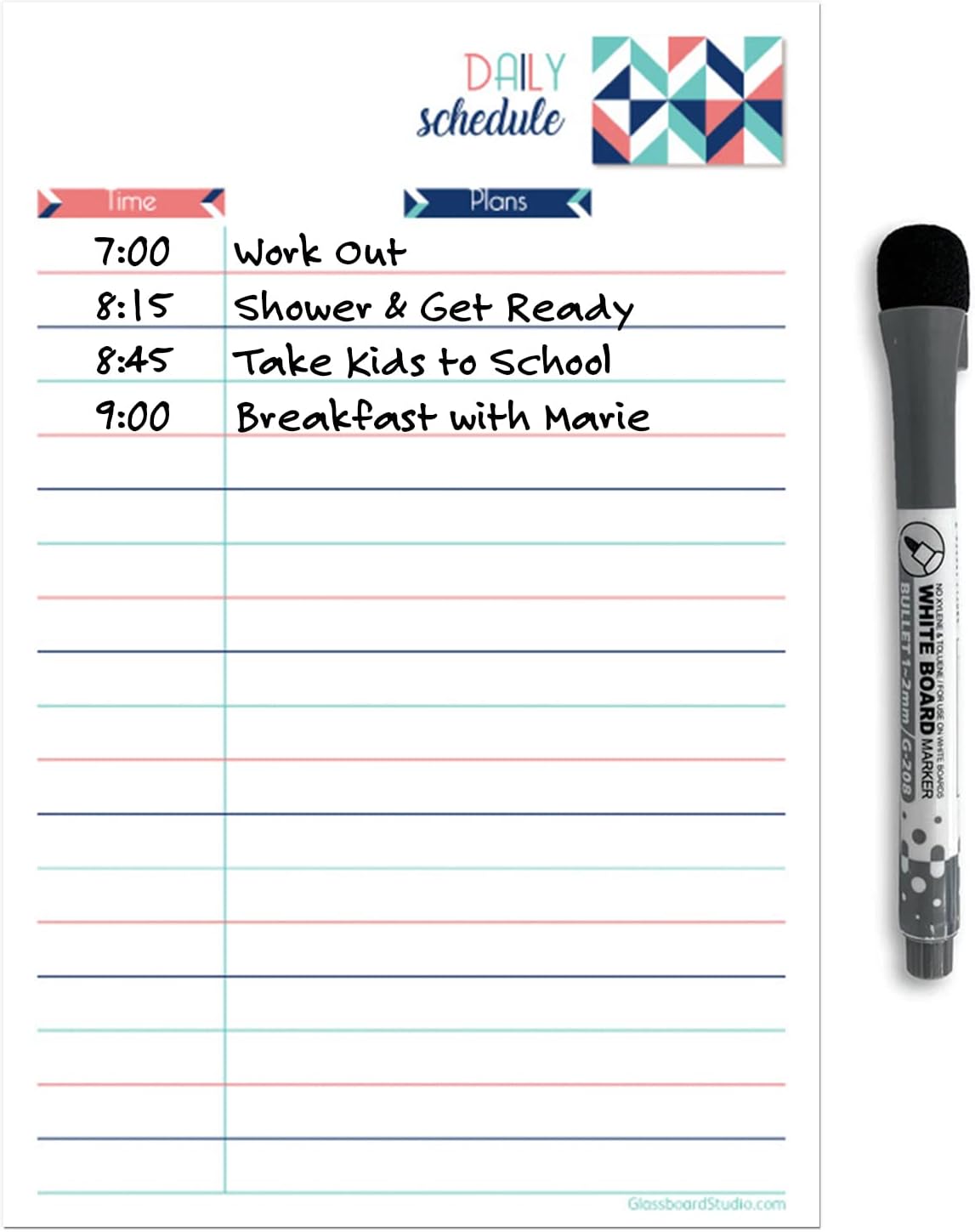 Dry Erase Daily Schedule Planner Sticker Decal by Glassboard Studio | Removable & Reusable | Magnetic Fine-Tip Marker Included (9 x 12 inches, White)