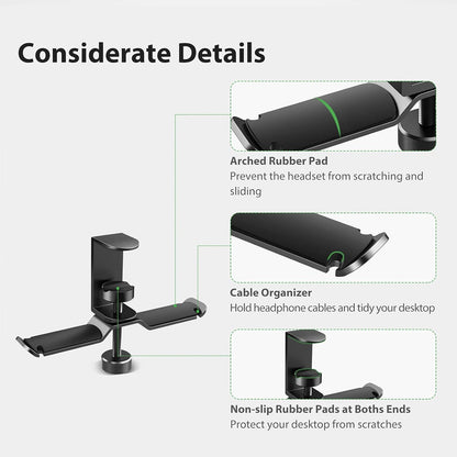 Dual Headphone Stand Hanger Under Desk, 360 Degree Rotating Aluminum Gaming Headset Holder with Adjustable Clamp, Universal Metal Earphone Hook Mount for All Headsets, Black