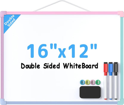 MaxGear Double-Sided Dry Erase Board for Wall, 16"x12" Hanging Whiteboard, Small Dry Erase White Board with 3 Markers and 4 Magnets, Portable Whiteboard for Planning, Drawing, Memo, to Do List