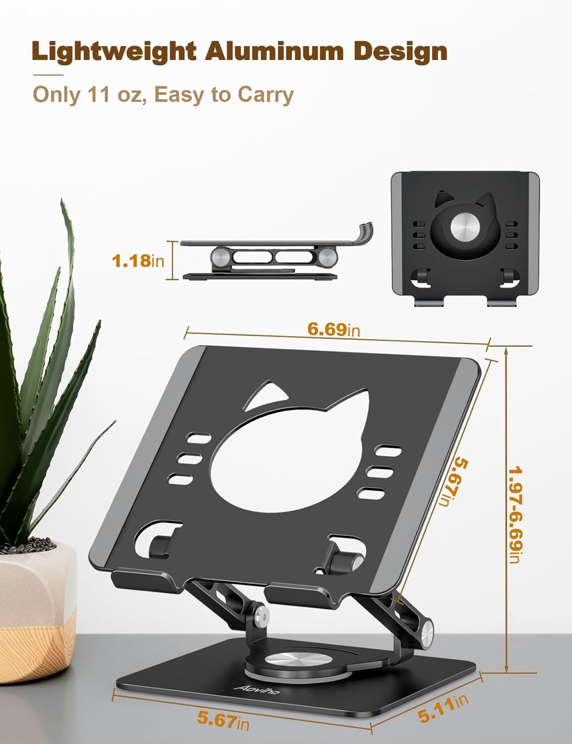 Aoviho Tablet Stand 360° Rotating Aluminum Holder - Adjustable, Portable & Foldable Monitors Stand for iPads, Compatible with 4-13.3" Tablets, Purple