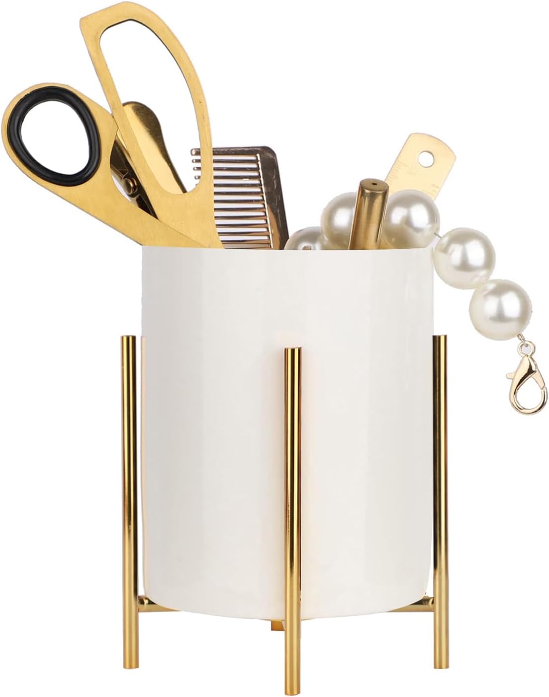 Gold Pencil Cup Sturdy Metal Frame With White Ceramic Pen Holder For Desks and kitchen Appliance Holders
