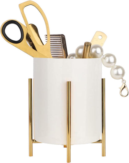 Gold Pencil Cup Sturdy Metal Frame With White Ceramic Pen Holder For Desks and kitchen Appliance Holders