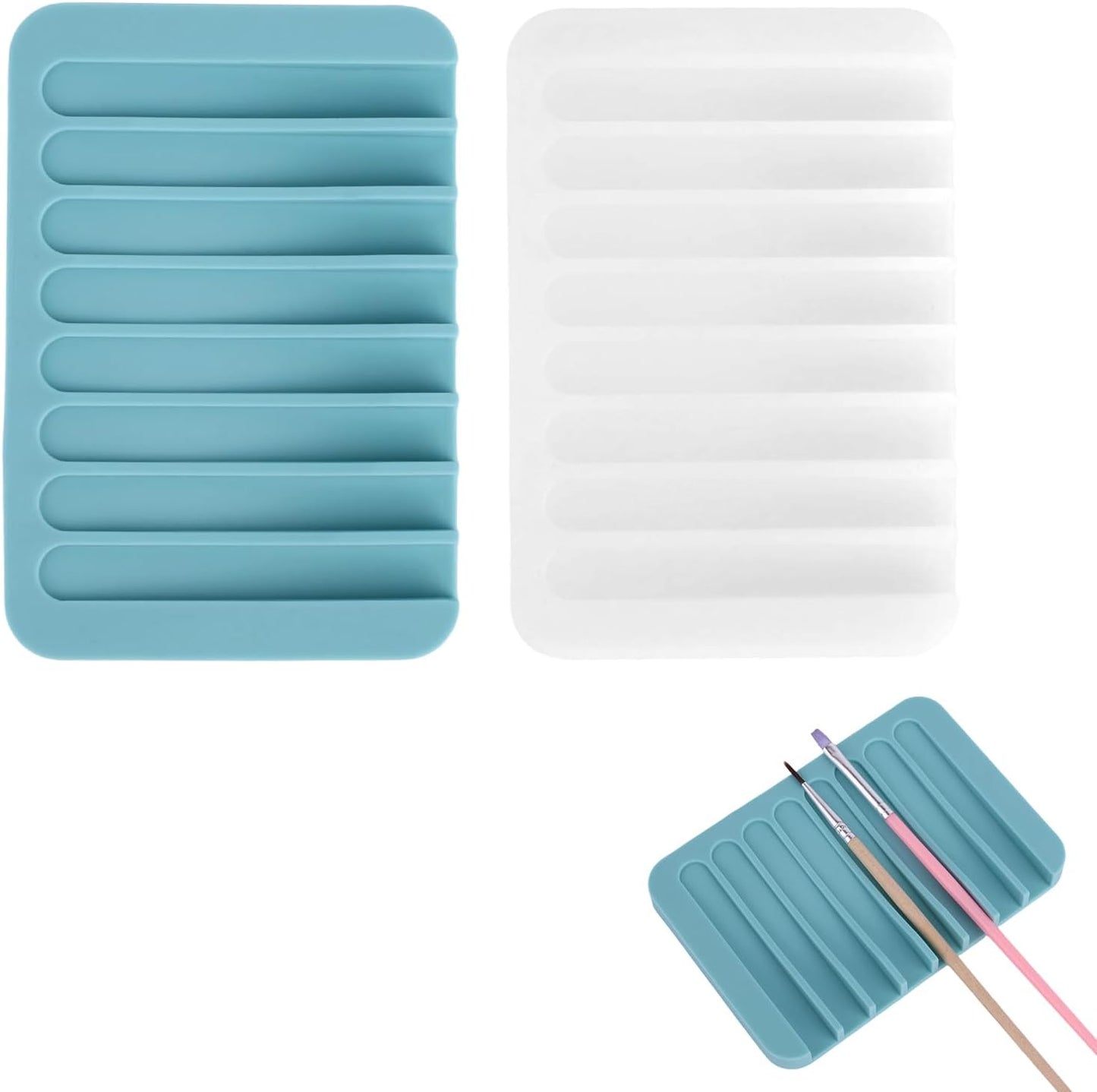 Penitue 2pcs Paint Brush Holders, Silicone Washable Paint Brush Organizer Stand with 8 Slots Paintbrush Rinse Holder for Oil Acrylic Watercolor Painting (Transparent & Blue)