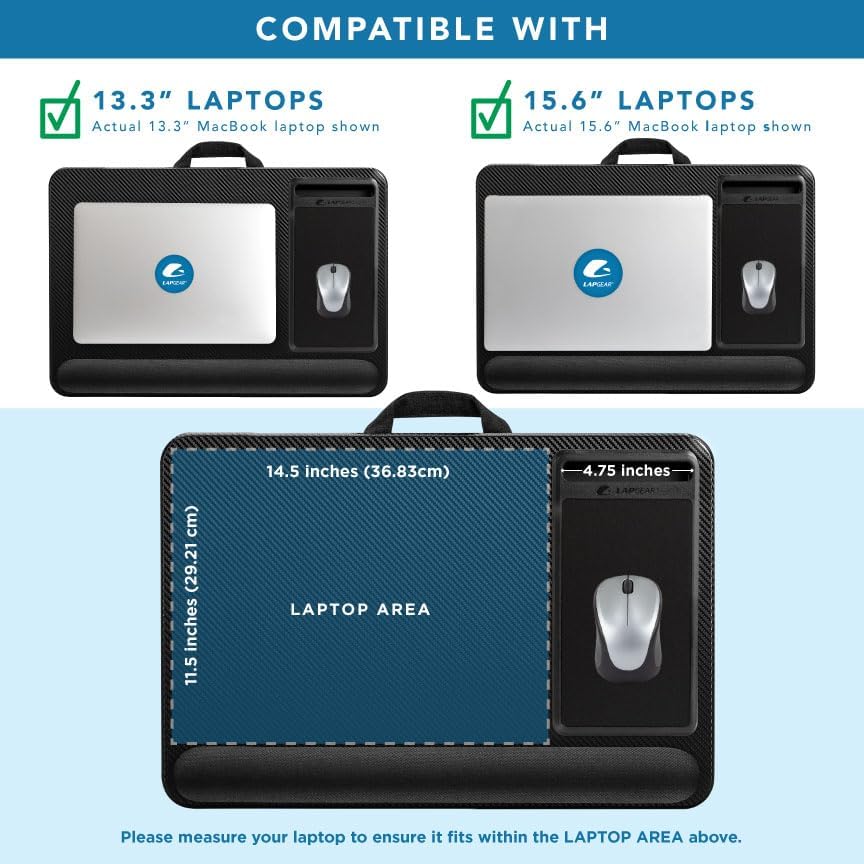 LAPGEAR Home Office Lap Desk with Device Ledge, Mouse Pad, and Phone Holder - Black Carbon - Fits up to 15.6 Inch Laptops - Style No. 91588
