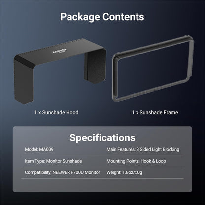 NEEWER Monitor Sunshade Hood Only for NEEWER F700U Camera Field Monitor, Three Sided Sun Hood & Formfitting Frame to Reduce Glare, Easy Button Access, Loop & Hook Quick Attachment, MA009