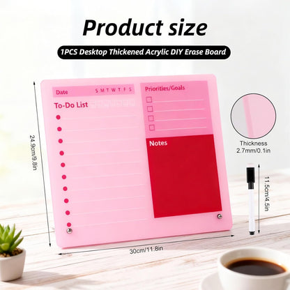Pink Acrylic Dry Erase Board 12x10 inch, Thickened Desktop to Do List Planner Board with Stand and Markers, Frameless Tabletop Pink Dry Erase White Board Daily Task Organizer for Office Home School