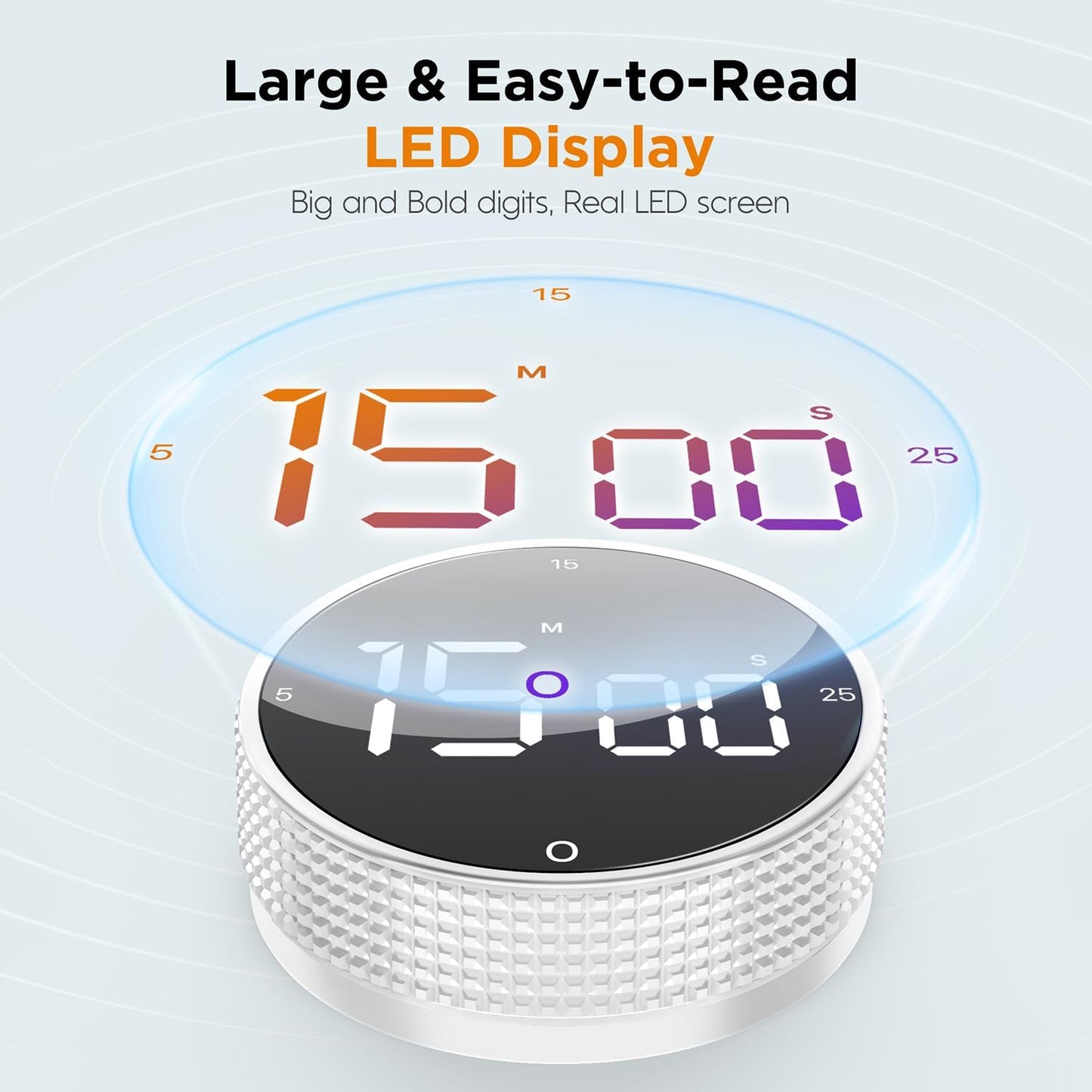 Upgrade Digital Kitchen Timer - Magnetic Countdown Countup Visual Pomodoro Timer with Large LED Display, 3-Preset Times (5, 15, 25), 3 Volume Levels, Ideal for Cooking, Baking and Fitness (1, Tarnish)