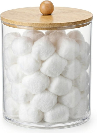 Q Tip Holder for Bathroom with Bamboo Lid, Medium Clear Plastic Cotton Swab Dispenser, Shatterproof Apothecary Jar, Vanity Organizer for Cotton Balls Rounds Hair Ties